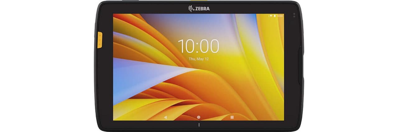 Zebra ET40 tablet featuring a 10.1-inch display, Snapdragon processor, 64 GB storage, 4 GB RAM, and Wi-Fi 6, with a sleek black casing and vibrant yellow accents on the screen.