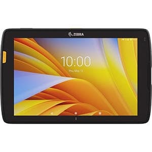 Black Zebra ET45 tablet featuring a 10.1-inch display, Snapdragon processor, 64 GB storage, 4 GB RAM, and Wi-Fi 6 capability, with a vibrant yellow and orange background on the screen.