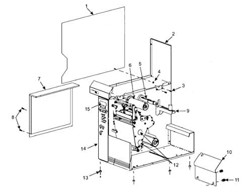 Zebra G32043M Printer Kit featuring a detailed diagram with labeled parts, showcasing a compact design, various components, and assembly instructions in a technical illustration.