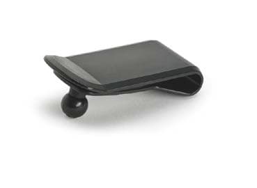 Black plastic clip accessory for Zebra barcode readers, featuring a curved design and a ball joint for adjustable positioning.