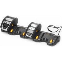 Black Zebra P1031365-046 printer/scanner accessory with three charging docks and yellow accents, connected by a cable.