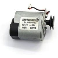 Gray Zebra printer motor with black casing, labeled with specifications, and attached wiring connector.