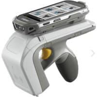 Grey Zebra RFD8500 handheld barcode reader with ergonomic grip and integrated mobile device holder.