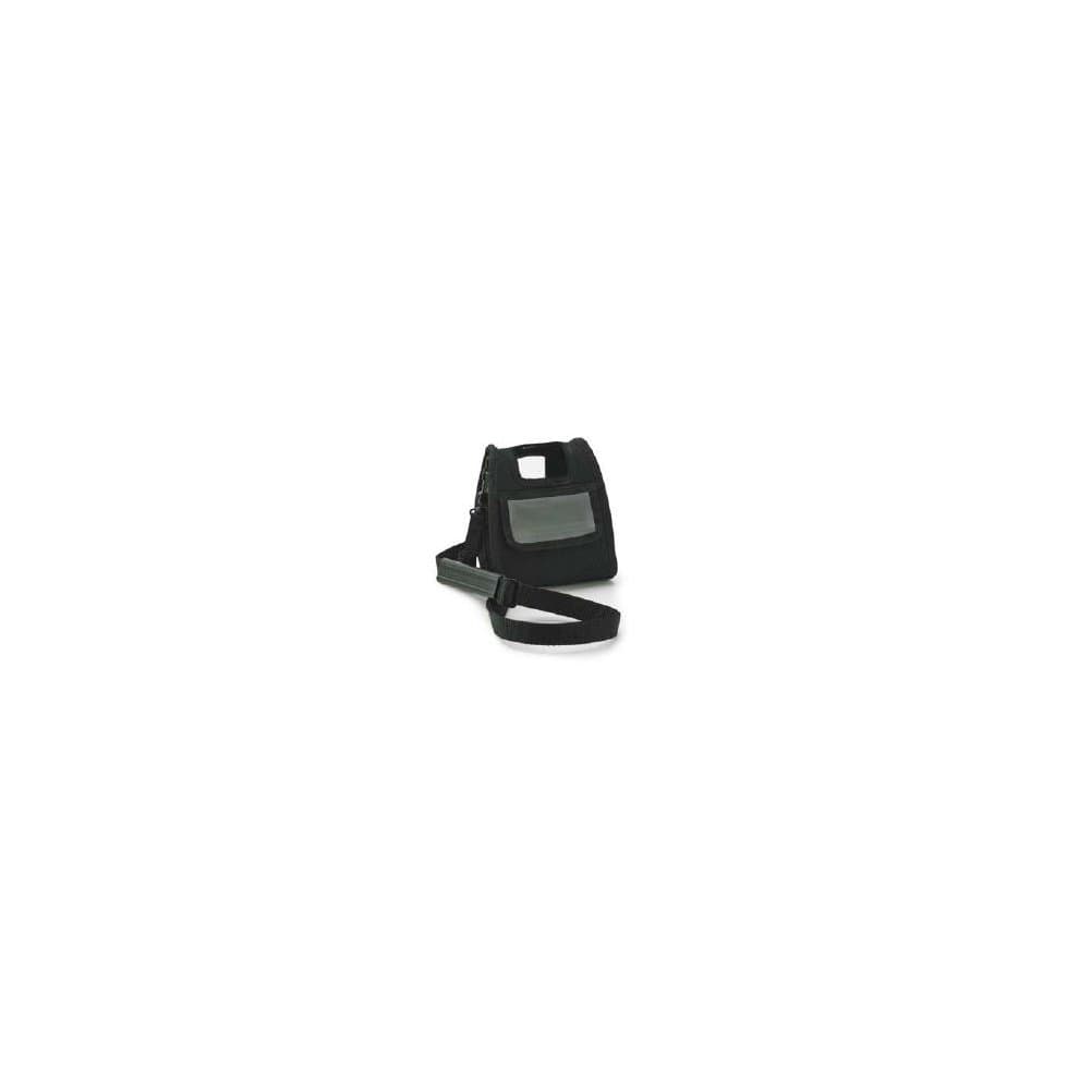 Rugged black handheld barcode reader accessory with a sturdy strap and a clear display window, designed for durability in various environments.