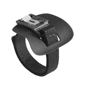 Black fabric finger strap accessory with a curved, padded backing and a metal clip for securing a barcode reader, designed for comfort and ease of use.