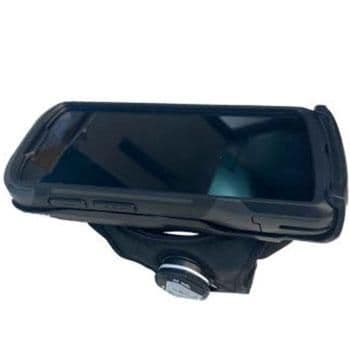 Handheld mobile computer arm mount in black, featuring a sturdy holder for a device, adjustable strap, and a circular attachment for secure mounting.