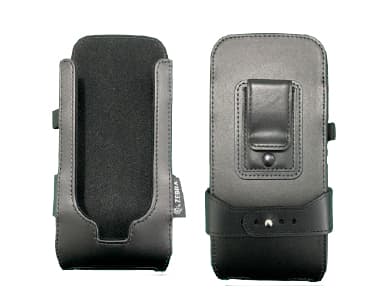 Black leather handheld mobile computer accessory with a secure belt clip, featuring a soft interior lining and a button closure for added protection.