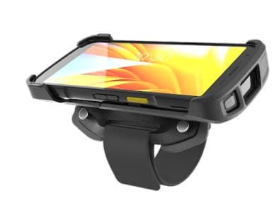 Black hand strap accessory for Zebra barcode reader, featuring a durable design with a secure grip, adjustable strap, and protective casing for device stability.