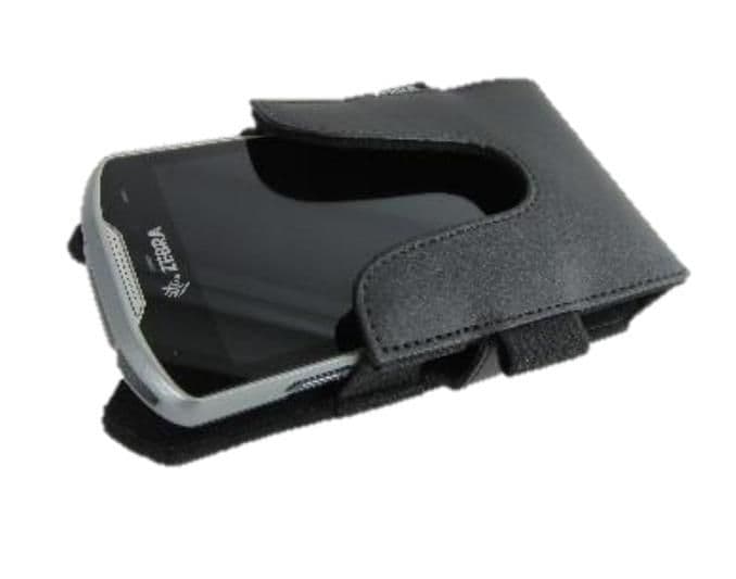 Black fabric holster designed for Zebra barcode readers, featuring a secure closure and a snug fit for the device, with a sleek, professional appearance.