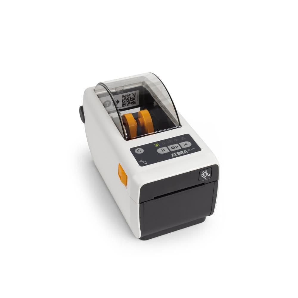 Compact Zebra Undle printer in white and black with a transparent cover, featuring an orange lever, control buttons, and a QR code scanner on top.