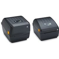 Black Zebra ZD220 label printer, compact design, direct thermal, 203 DPI, wired, with control buttons and status lights.