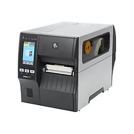 Zebra ZT411 printer in gray and black, featuring a front control panel with a color display, direct thermal printing capability, and wired/wireless connectivity options.