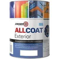 Zinsser AllCoat Exterior paint can, black, matt finish, 2.5L, colorful building images on label, 15-year protection badge.