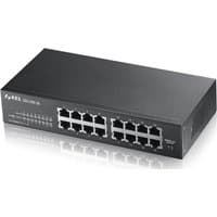 Black Zyxel GS1100-16 Unmanaged Gigabit Ethernet switch with 16 ports and LED indicators on the front panel.
