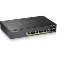 Black Zyxel GS2220-10HP Ethernet switch with 8 PoE ports and LED indicators on the front panel.