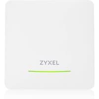 White Zyxel NWA90BE PRO router with green LED indicator and PoE support, square design with brand logo.