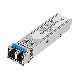 Zyxel SFP-SX-E transceiver module in silver metal casing, featuring a blue latch, designed for fiber optic connections at 1000 Mbit/s with an 850 nm wavelength.