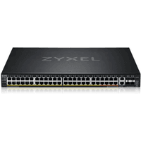 Zyxel black rackmount switch with 48 Gigabit PoE+ ports, LED indicators, and NebulaFlex Pro branding on top.
