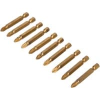 Titanium-coated PZ2 screwdriver bits, gold-colored, 50mm length, set of 10 arranged in two rows.