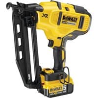 Yellow DeWalt 18V XR brushless nailer with black accents, ergonomic grip, and two 5.0Ah batteries.
