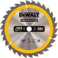 Circular saw blade, 184mm, 30 teeth, silver with yellow rim, DeWalt branding in black and bold.