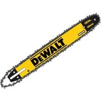 Yellow and black 40cm Dewalt chainsaw bar with sharp chain and Dewalt logo.