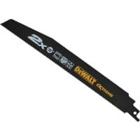 Black DeWalt 152mm reciprocating blade with 10 TPI, featuring yellow logo and icons on the surface.