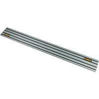 Silver and black DeWalt 1.5m plunge saw guide rail with yellow logo and parallel grooves.