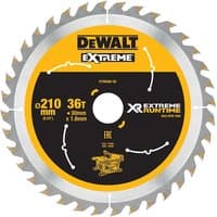 DeWalt XR FlexVolt table saw blade, 210x30mm, 36 teeth, silver with yellow and black center label.
