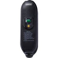 Black Draper 16A in-line RCD adaptor with test and reset buttons, green indicator, and safety instructions.