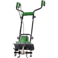 Green and black Draper 360mm 1050W electric tiller with dual handles and visible tines, designed for efficient soil cultivation.