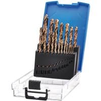Draper Expert 19 Piece HSSE M35 Cobalt Drill Bit Set in blue case with assorted gold-colored drill bits.