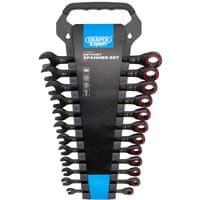 Black Draper Expert 12-piece ratchet spanner set with HI-TORQ® design, organized in a plastic holder with blue accents.