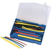 Blue plastic box with assorted red, yellow, and black heat shrink tubes, transparent lid.