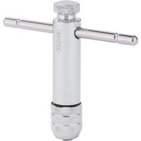Silver Draper ratchet tap wrench with knurled handle, adjustable jaws, and T-bar for M5-M12 threading.