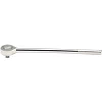 Silver Draper 3/4'' square drive roundhead reversible ratchet with long handle and polished finish.