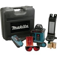 Makita SKR200Z self-levelling laser level with black case, red glasses, batteries, and mounting bracket.