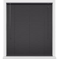 Black Onyx window blinds with horizontal slats and white frame, featuring pull cords on the left side.