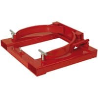 Red Sealey forklift drum clamp with dual curved arms for securing 205L drums, sturdy metal construction.