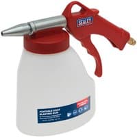 Red Sealey soda blasting gun with a white container, red cap, and silver nozzle.