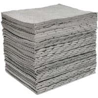 Pack of 100 Sealey spill absorbent pads, grey, textured surface, stacked neatly in a square pile.