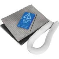 Sealey Spill Control Kit 15ltr with absorbent pads, white sock, and blue hazardous waste disposal bag.
