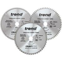 Trend 250mm circular saw blades set with 48T, 60T, 84T, silver finish, tungsten carbide tipped.