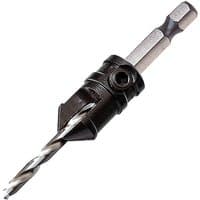 "Black and silver Trend Snappy Countersink with hex shank and spiral drill bit attachment"