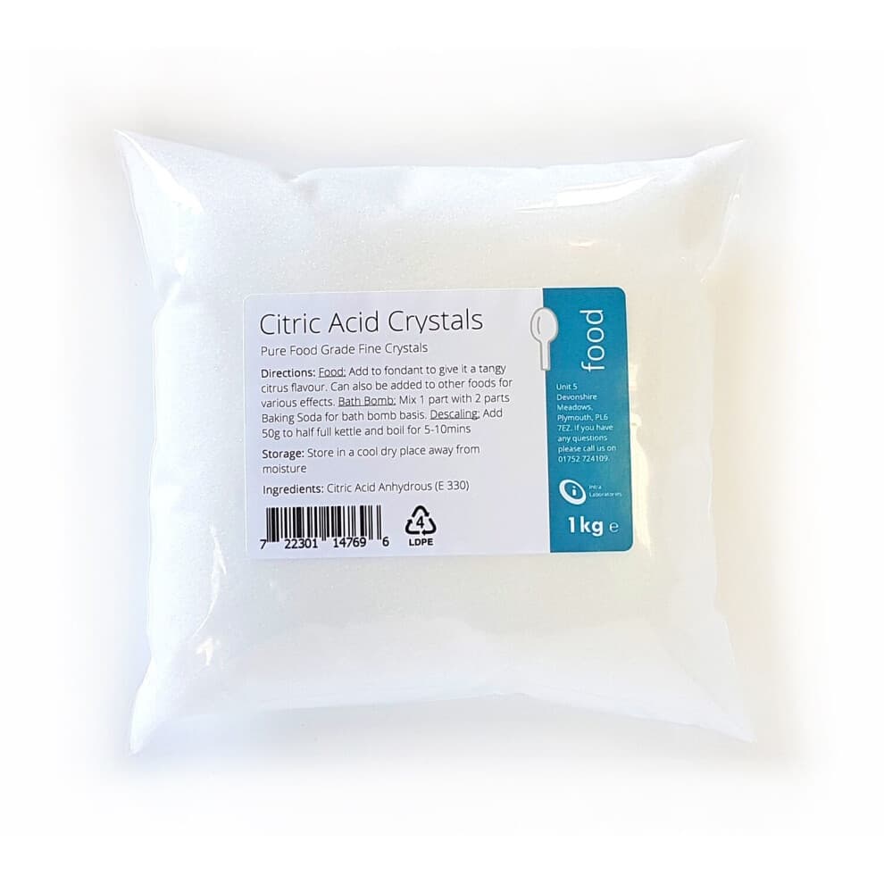 White, fine crystalline substance packaged in a clear plastic bag with a label detailing product information, including directions, storage, and ingredients.