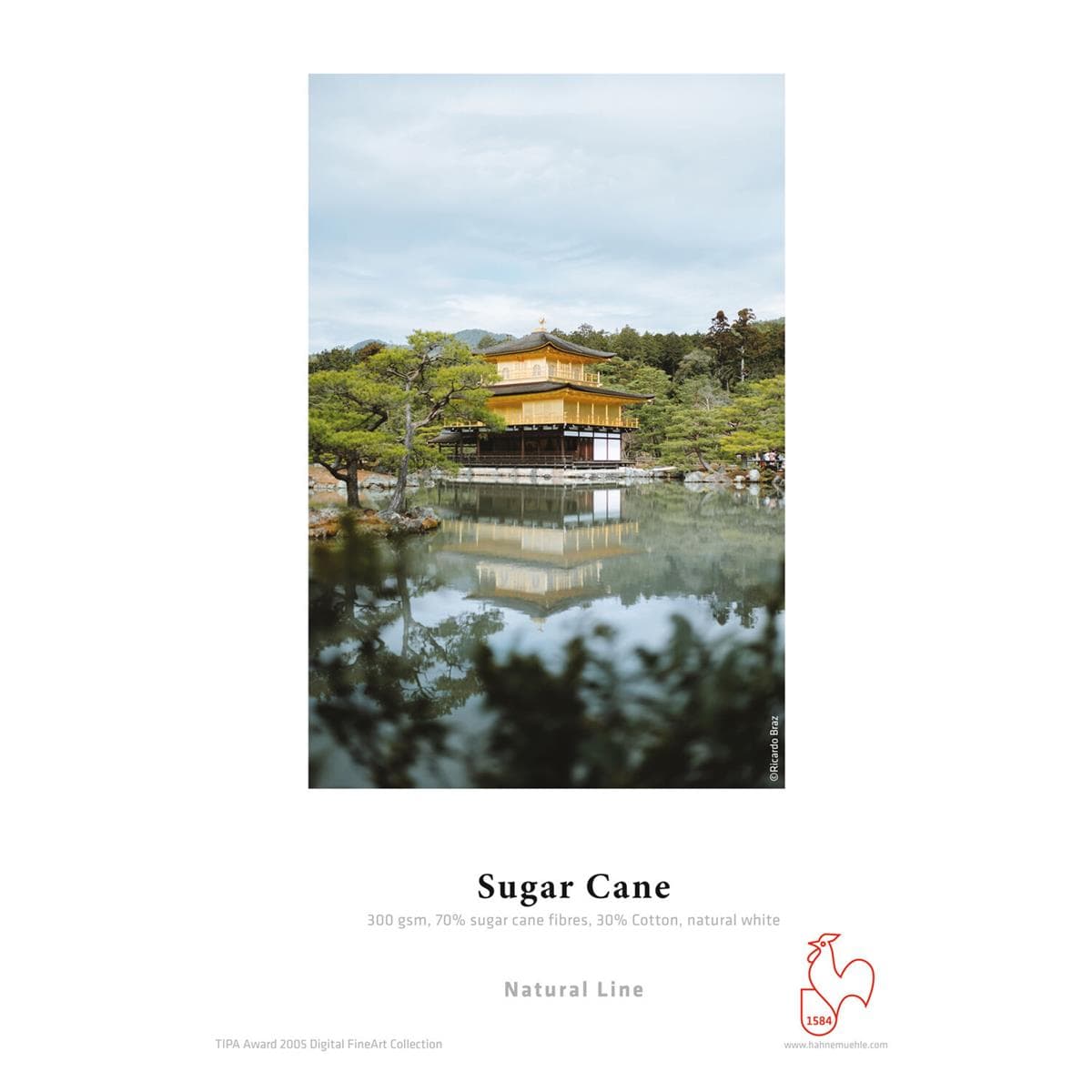 Natural white paper featuring a serene image of a traditional Japanese building reflected in water, labeled "Sugar Cane" with details about its composition and award recognition.