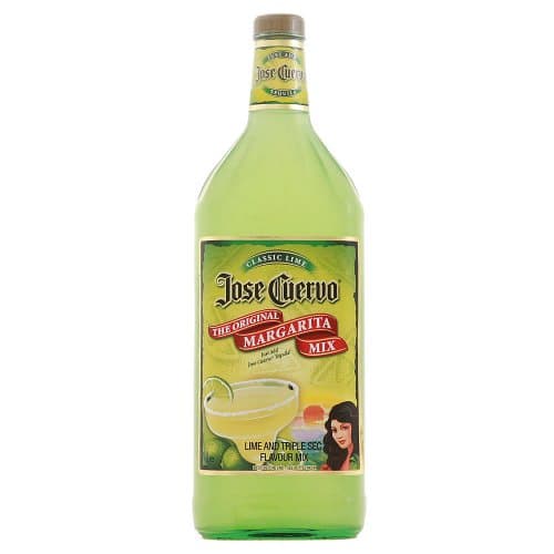 Bright green 1-liter bottle of Jose Cuervo Margarita Mix featuring a classic lime flavor, with a label showcasing a woman and a margarita glass.