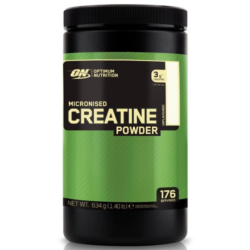 Black container with a green label featuring "Micronized Creatine Powder," 634g, and 186 servings, showcasing a clean design and clear nutritional information.