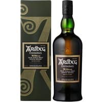 Ardbeg Uigeadail Whisky 70cl bottle with dark green glass, black label, and matching decorative box.