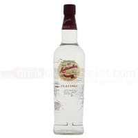 Clear glass bottle of Matusalem Platino Rum 70cl with red cap and beige label featuring red text and decorative design.